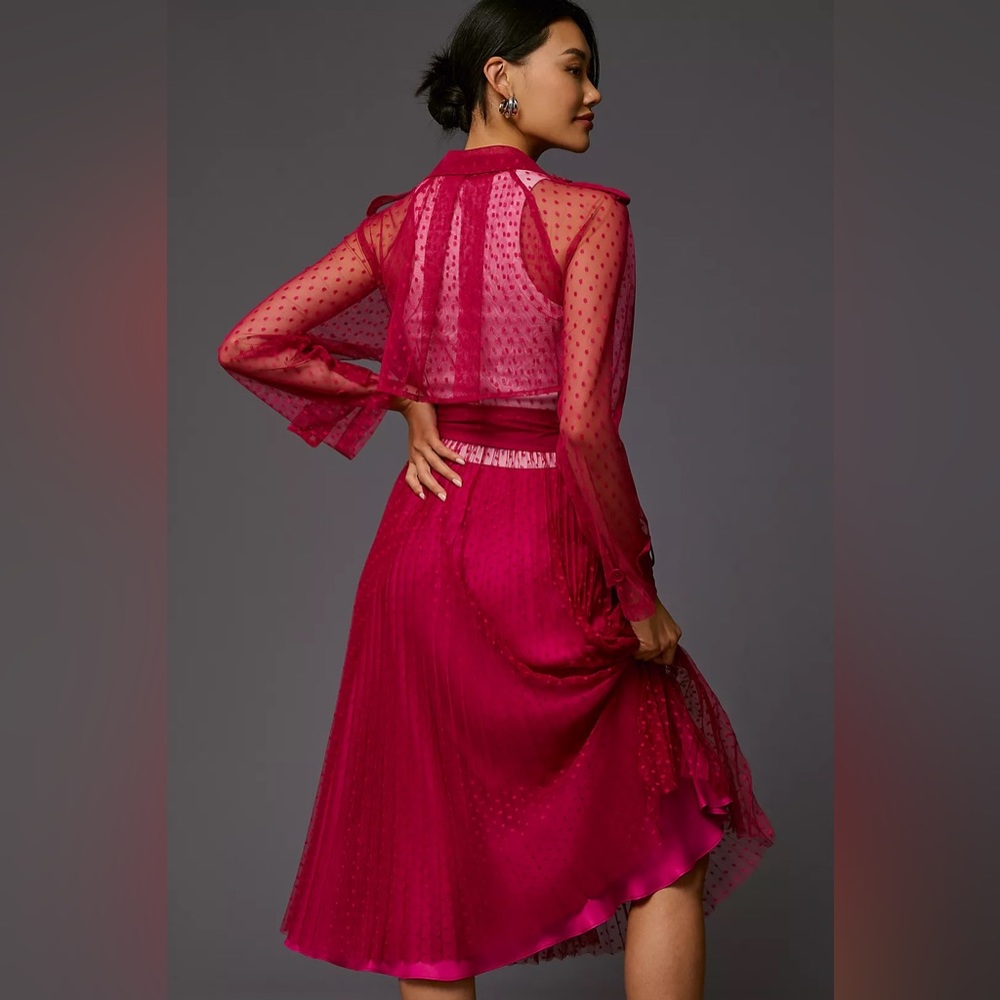 Anthropologie Fuchsia Sheer Dotted Trench Dress - Picture 3 of 16